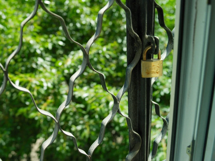 closeup of metal gate with padlocks on a window