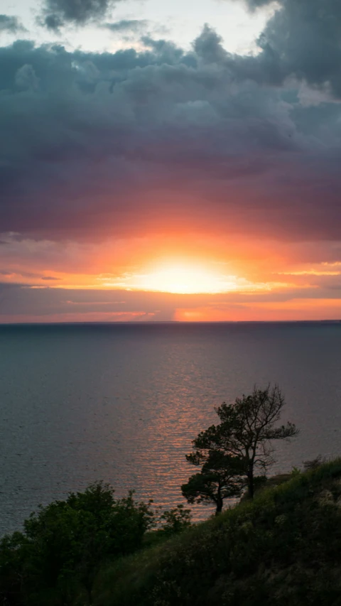 the sun rising over the ocean as seen from a hill above the water