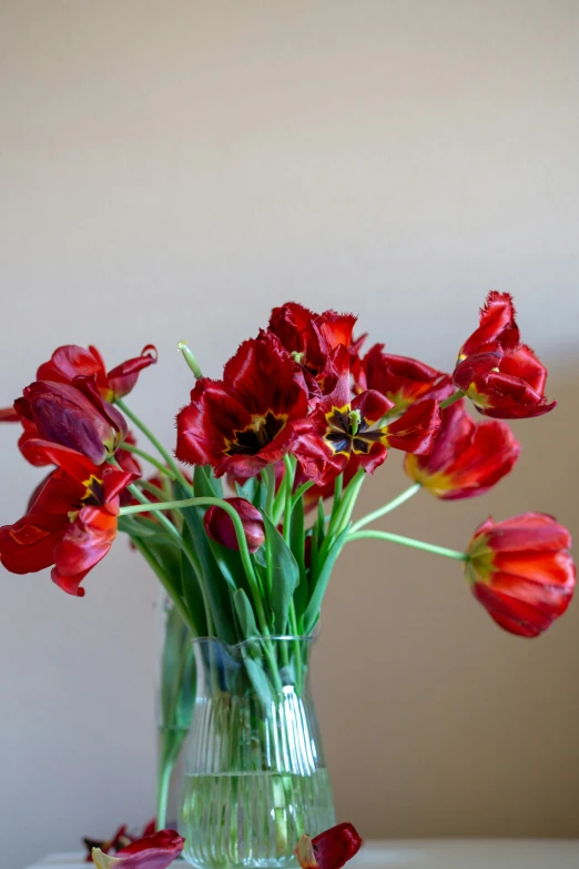 red flowers in a clear glass vase sitting on a table