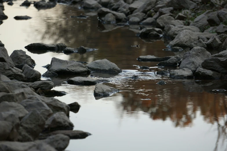 small stream running between rocks at sunset