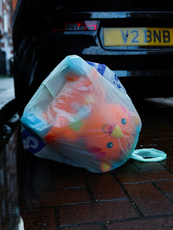 a bag is sitting on the ground next to the car