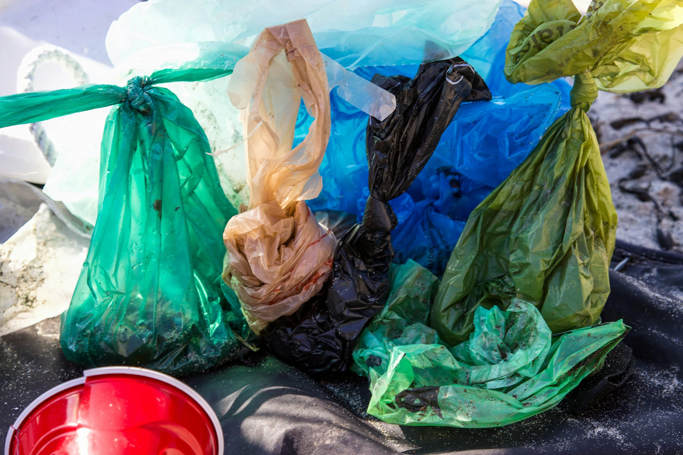 several plastic bags of garbage sitting on top of a pile of garbage