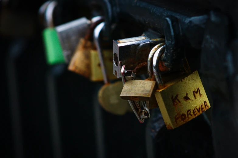 a bunch of padlocks hanging off the side of a fence