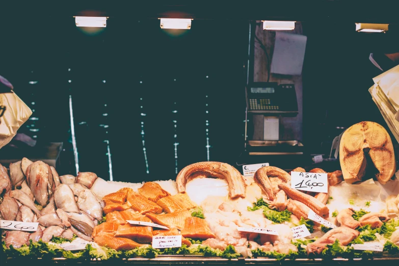 the various foods are displayed on the counter