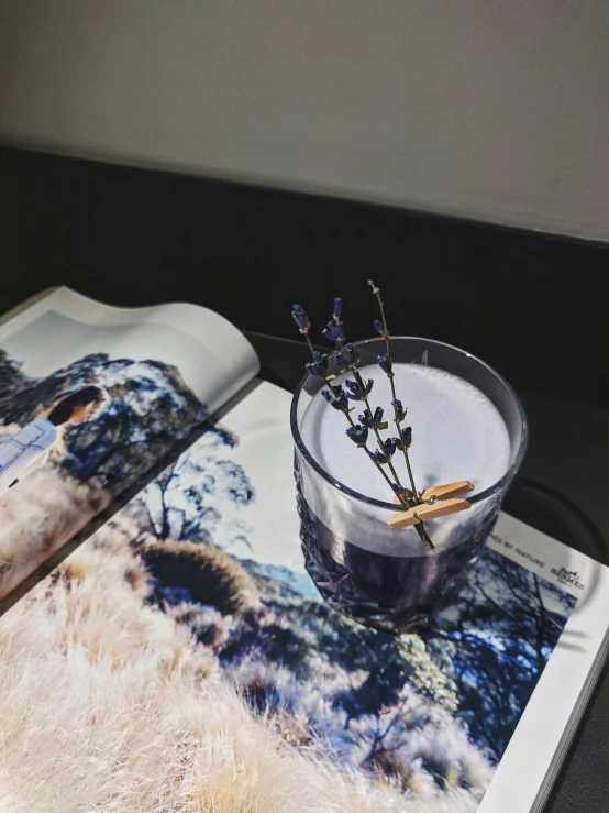 the glass bowl is next to an opened book