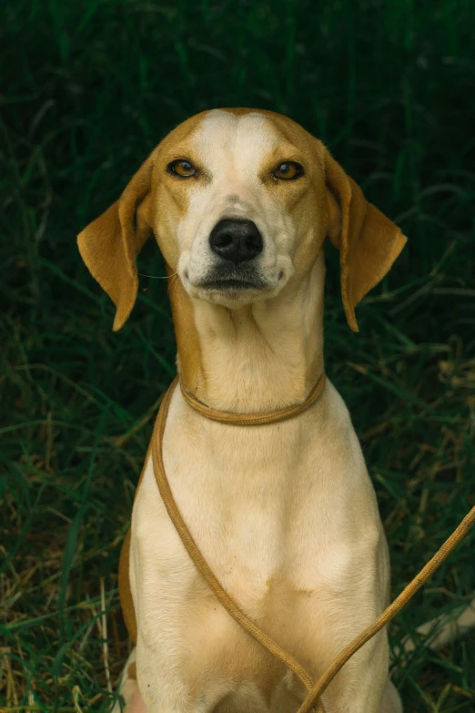 a dog with it's tongue sticking out sitting in the grass