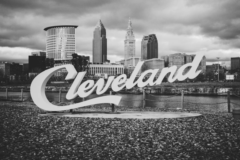 a black and white po of cleveland with the city in the background