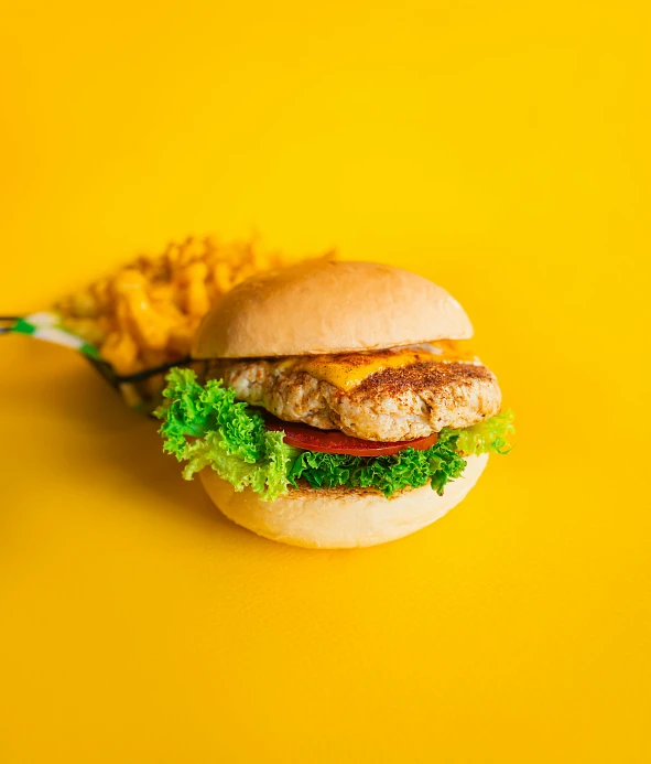 a chicken burger with lettuce on a yellow background