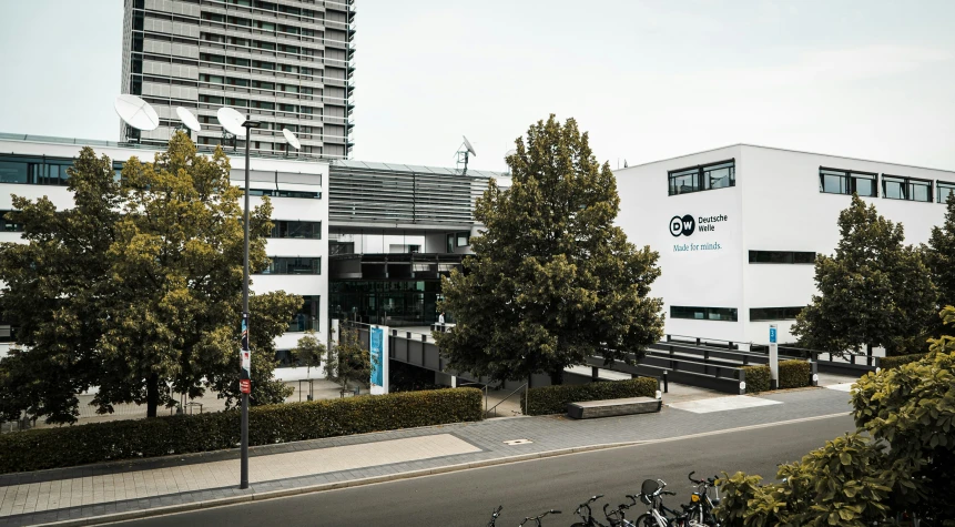 a row of trees next to some buildings