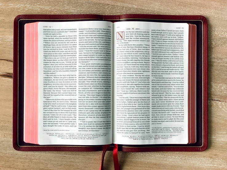 the inside of an open book on top of wooden table