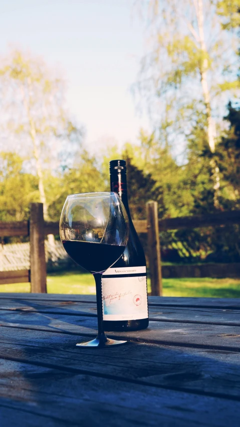 a wine glass sitting on the outside wooden deck