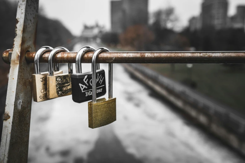 padlocks are displayed on a pole in front of a body of water