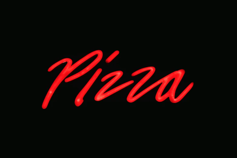 the word pizza in red neon lettering on a black background