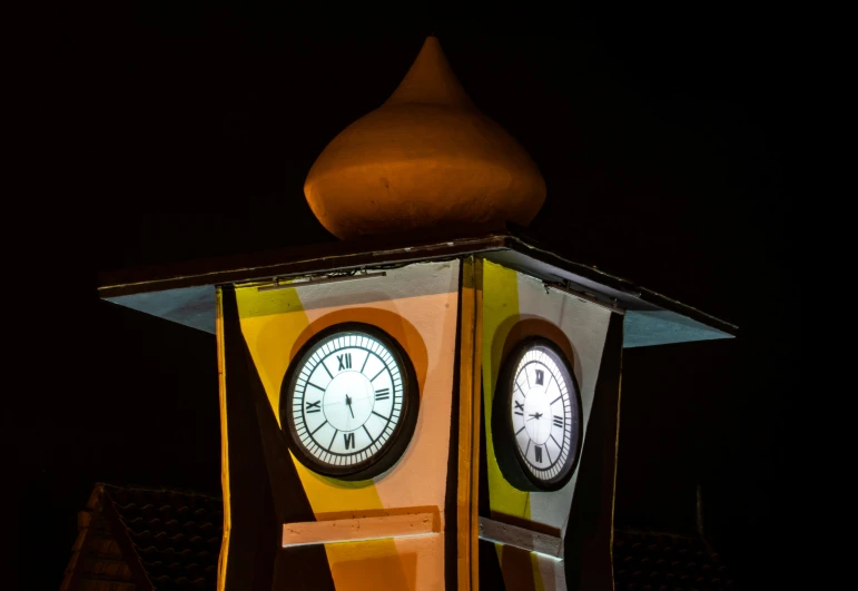 two clocks with faces are on top of a building