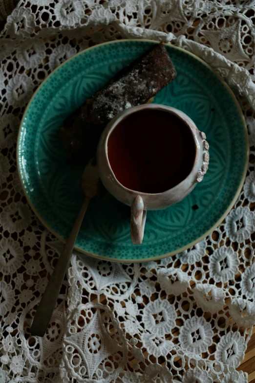 a cup of tea sitting on top of a plate