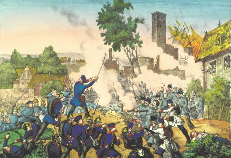 a painting of an old picture of a military battle
