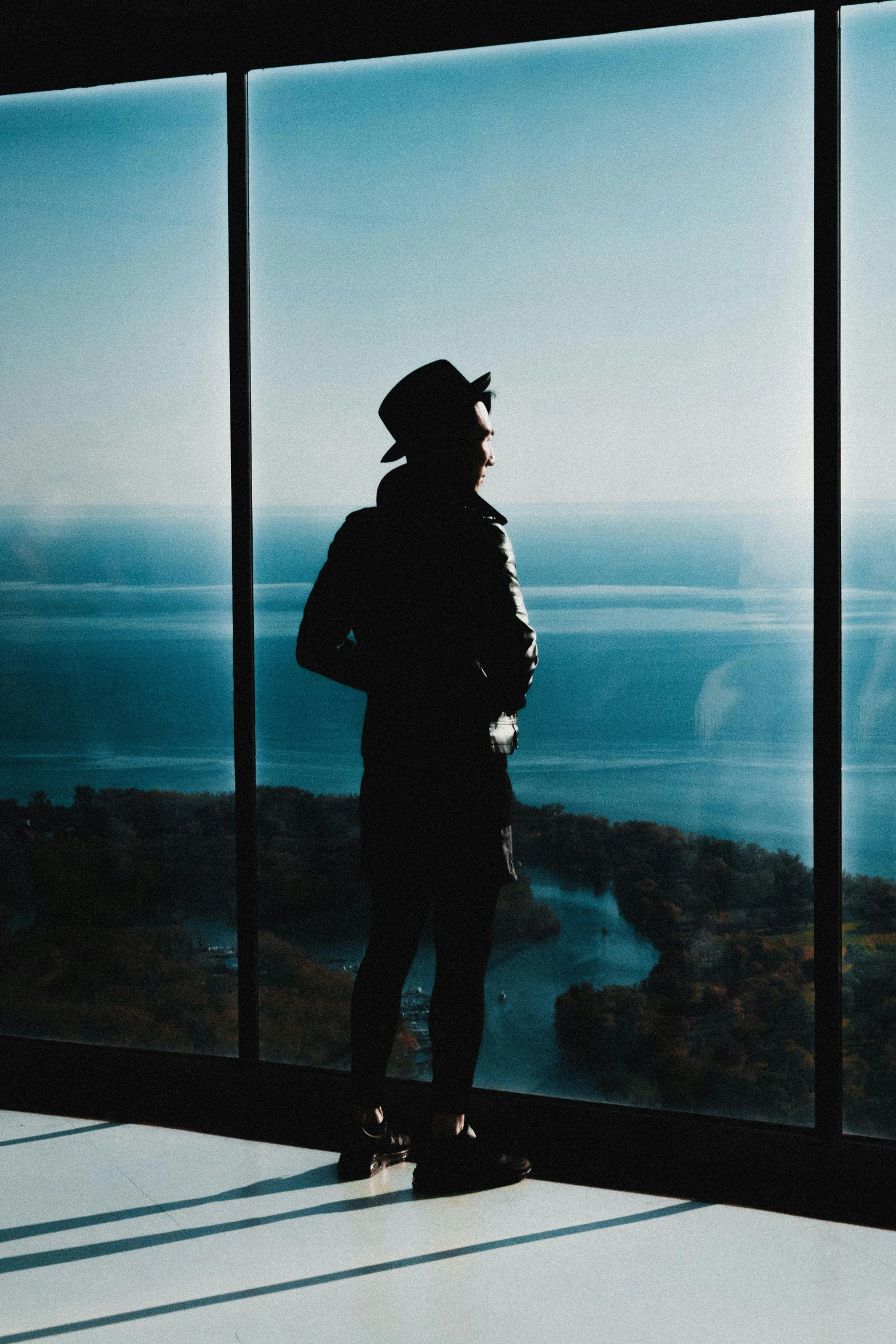 a person looking out over a large field with grass