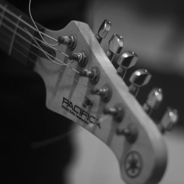 an electric guitar neck in black and white