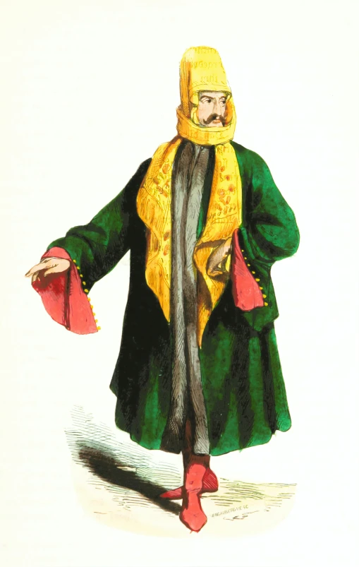 an old fashion of a man wearing a long coat