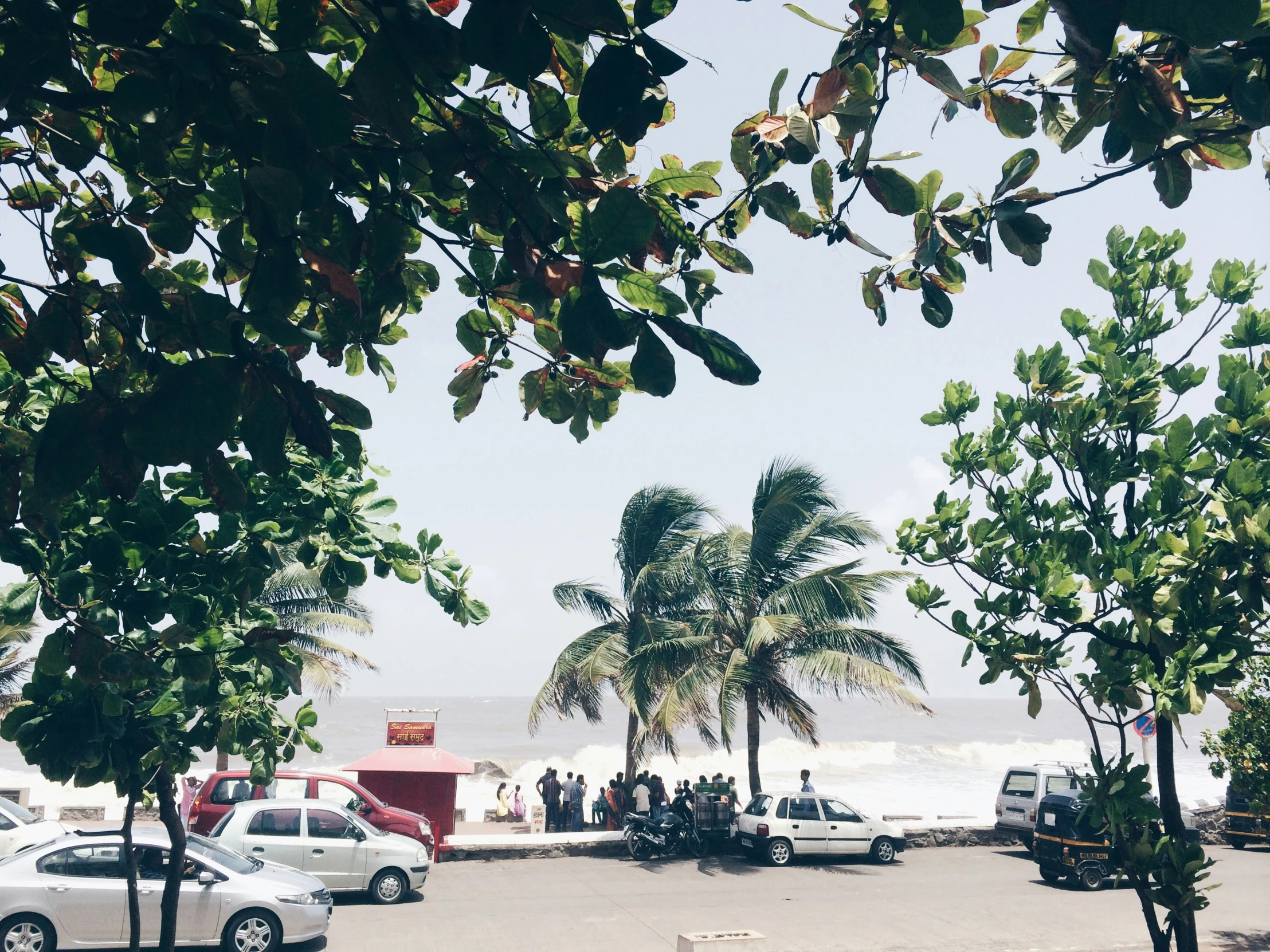 the beachfront is full of cars and people on it