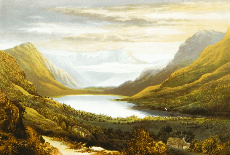 a painting depicting a mountain lake surrounded by hills