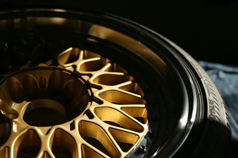 a gold rim sits atop the blue jeans