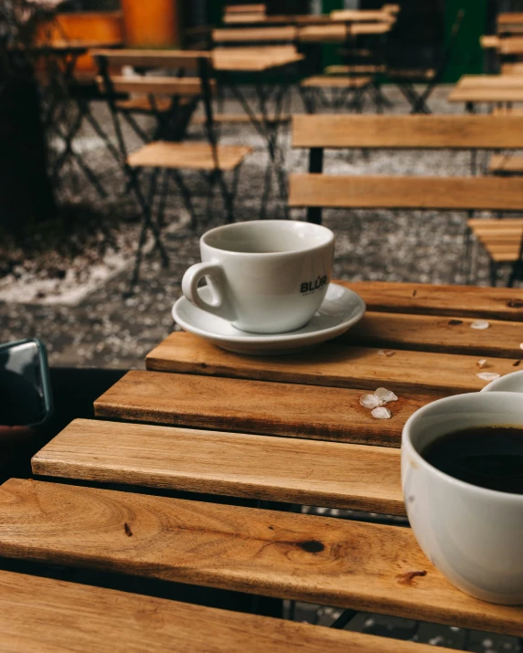 two cups of coffee are on wooden tables