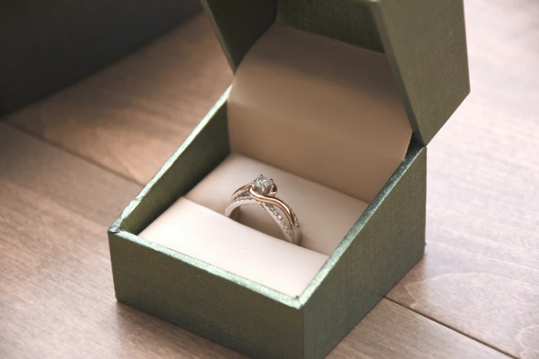 an open ring box with a ring inside on a table