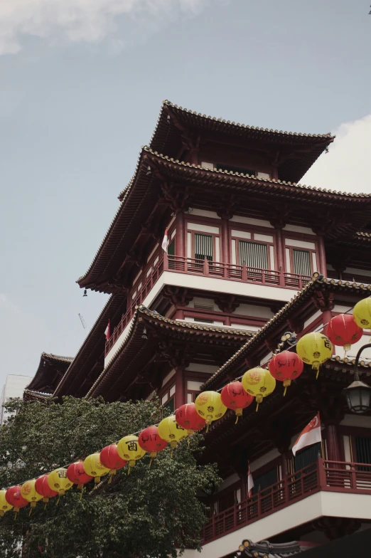 a building with a flag that has several large balls on the line,