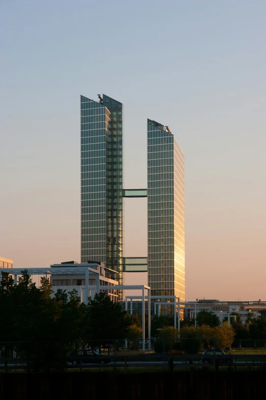 large buildings on the water in front of a building