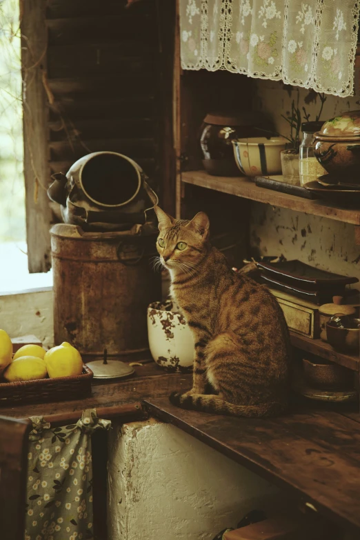 a cat sitting on top of a shelf