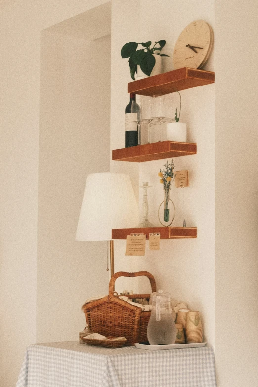 a shelf containing knickk knacks with items on it