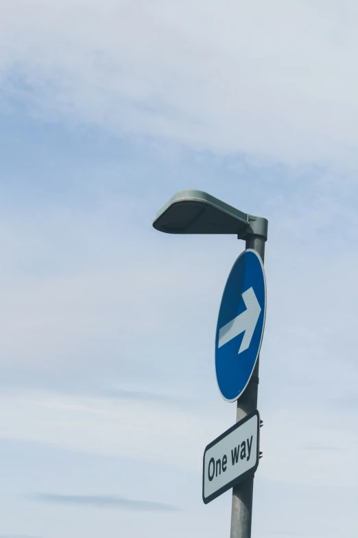 a one way sign sits on top of a blue pole