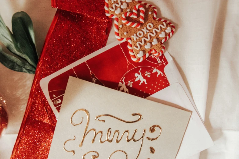 holiday items on display with festive ornaments and ribbon