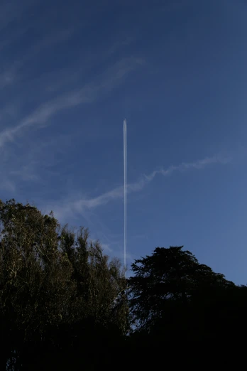 an airplane flies high over the trees