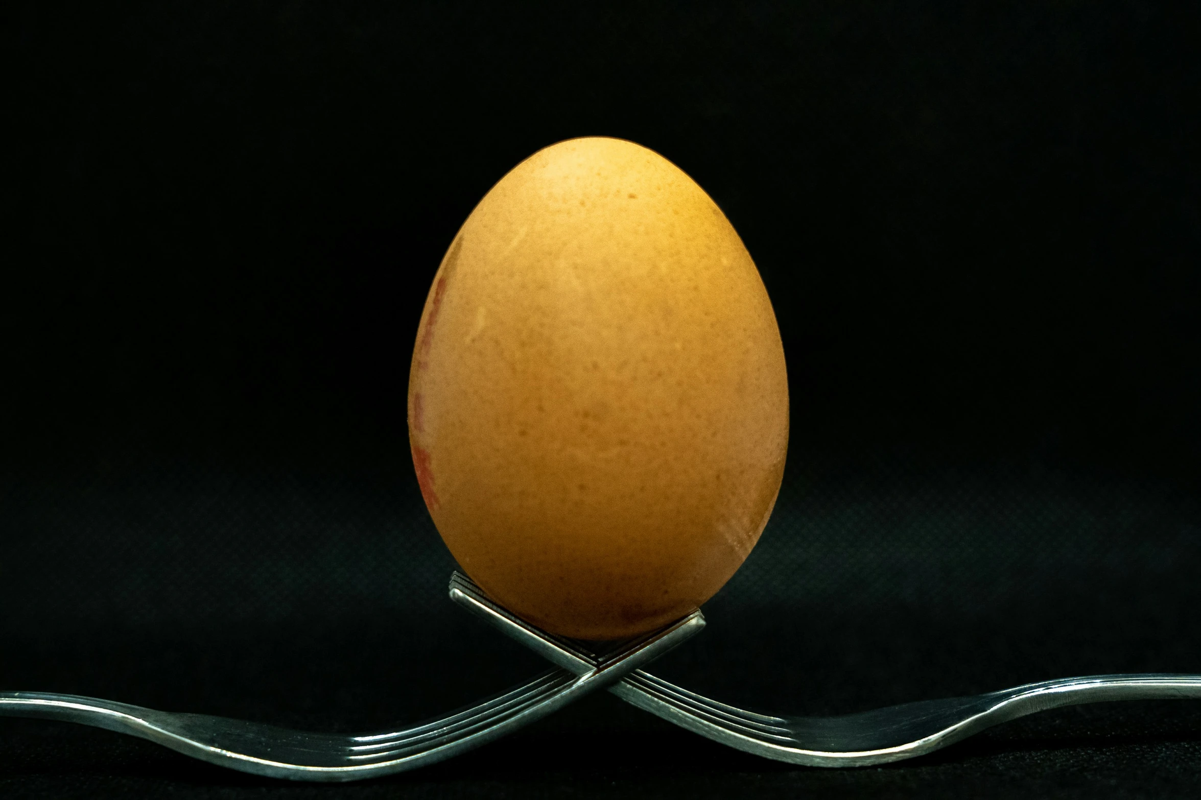a long silver fork laying in front of an egg