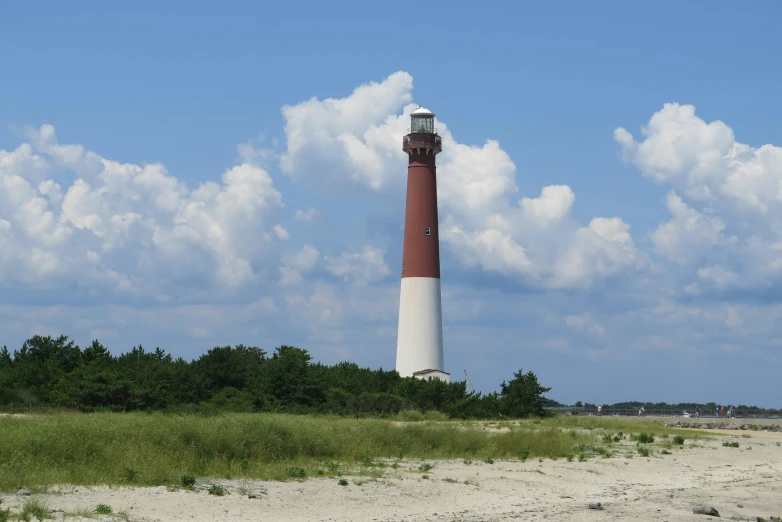 a lighthouse stands high above the grass in front of a blue sky