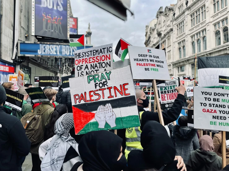 a group of protestors holding signs and flags