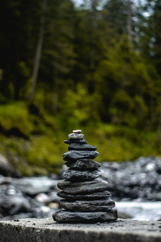 a stack of rocks near a river and some trees