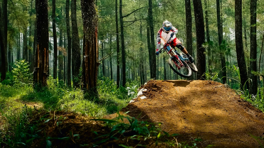 man on bike performing a jump in the woods