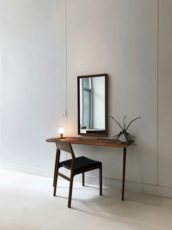 a dressing table with a mirror, a plant, and a small stool
