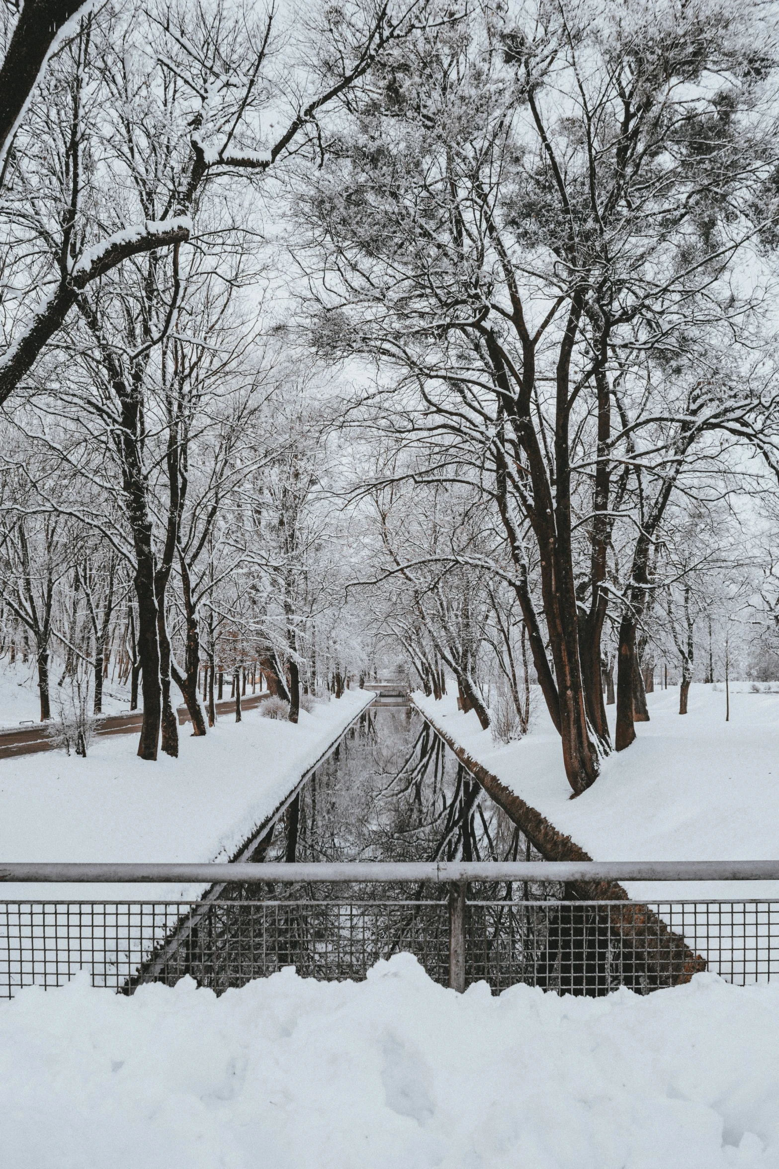 a canal running through a snowy park filled with snow