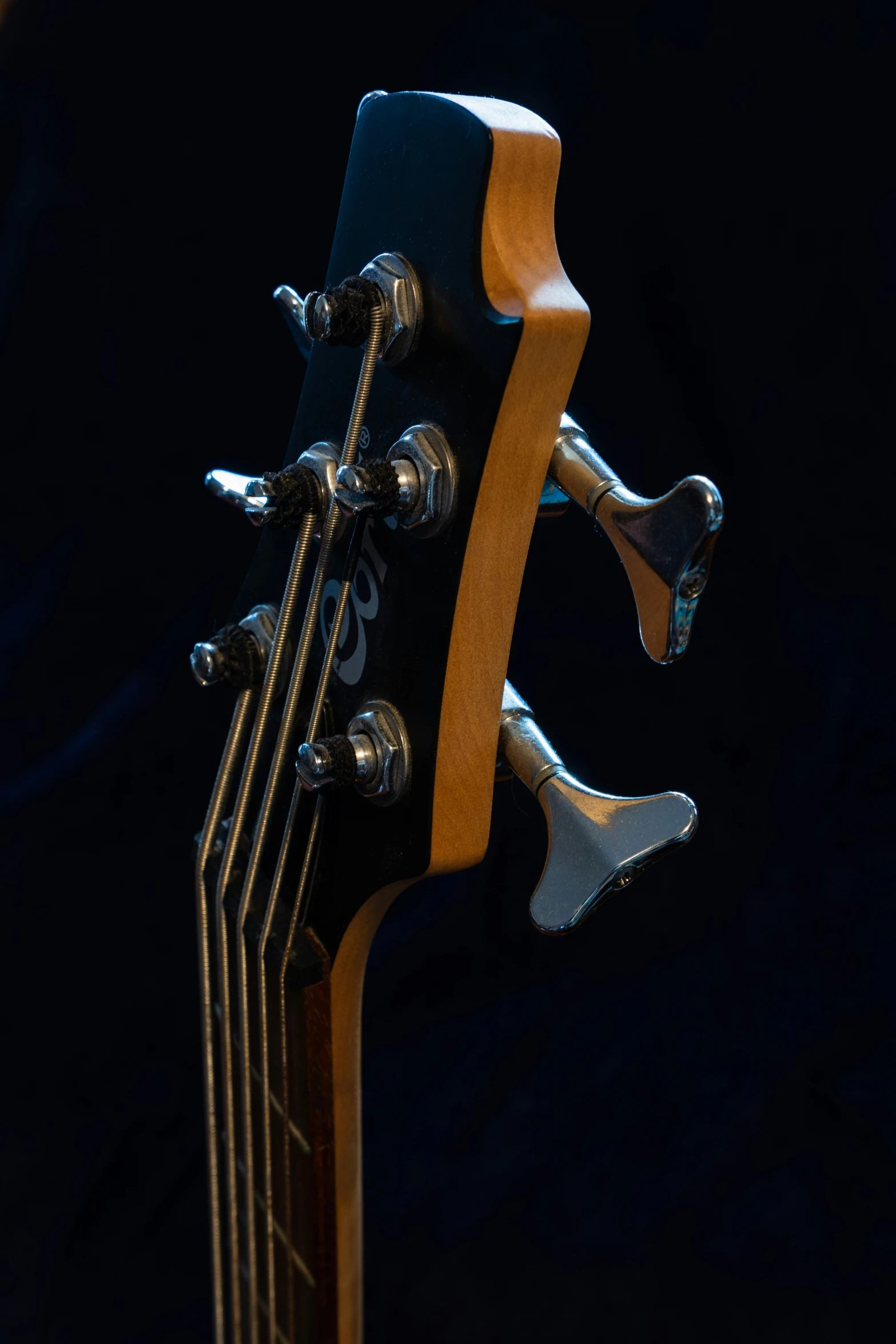 guitar strings and heads hang from the neck of an electric guitar