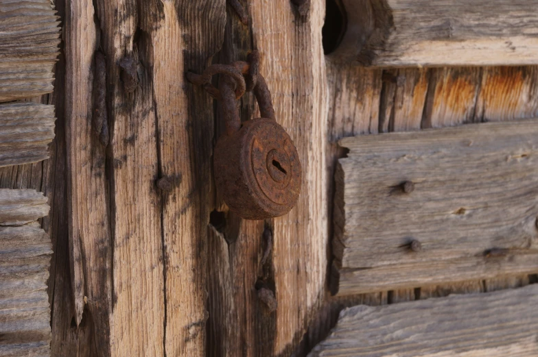 a weathered and rusted door handle on a old wooden door