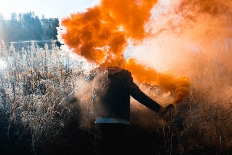 a person with an orange smoke bomb near grass