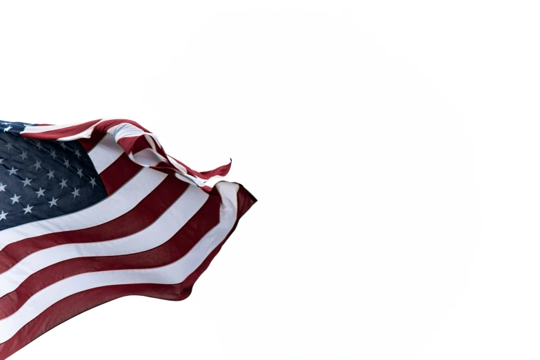 a flag blowing in the wind with a white sky background