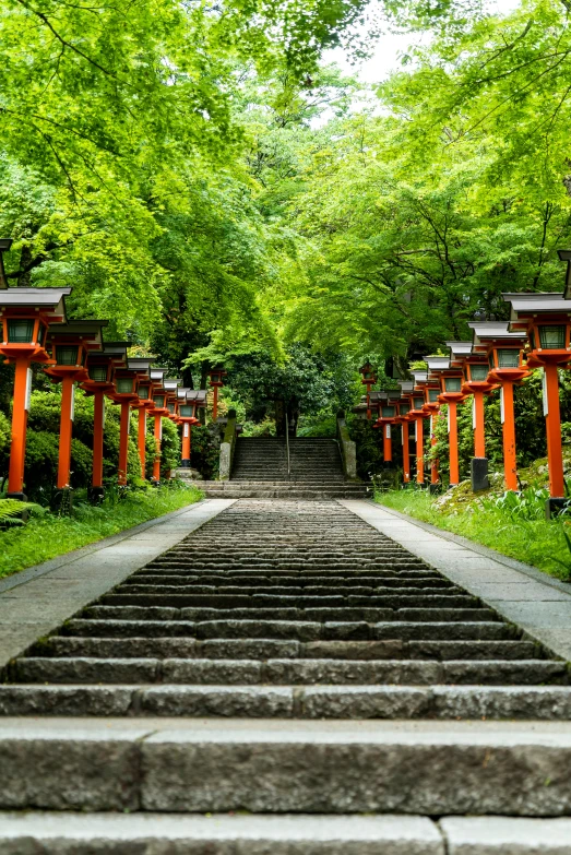 a long narrow walkway is lined with orange lanterns