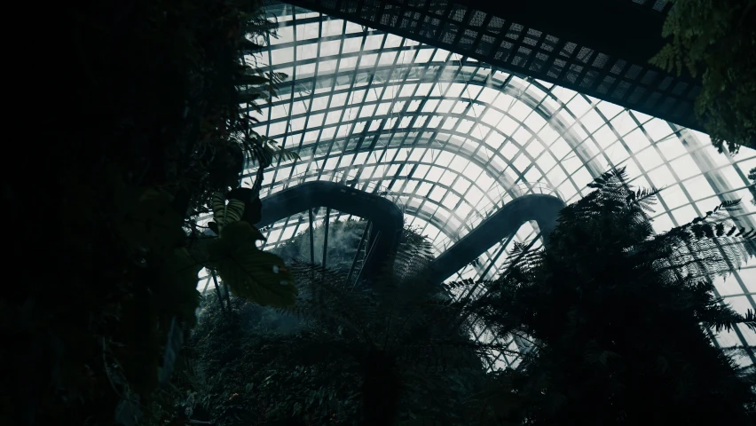 the inside of a glass and steel structure with plants growing inside