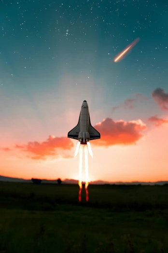 a space shuttle flies into the night sky
