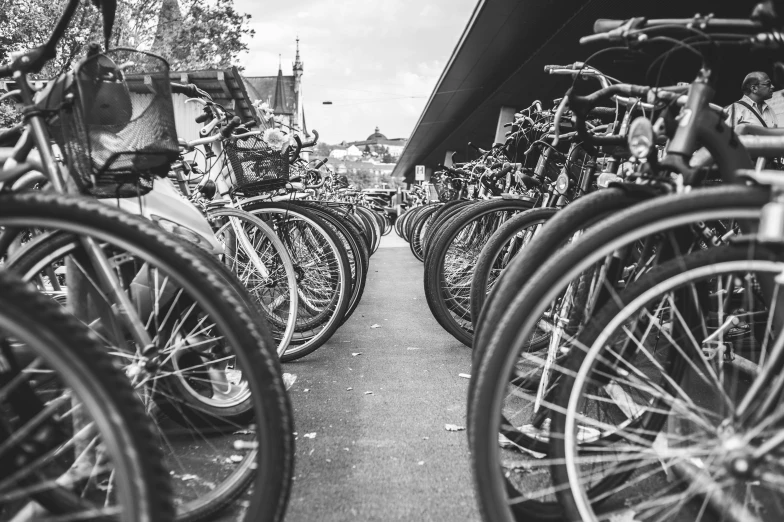 the bike are lined up together outside the building